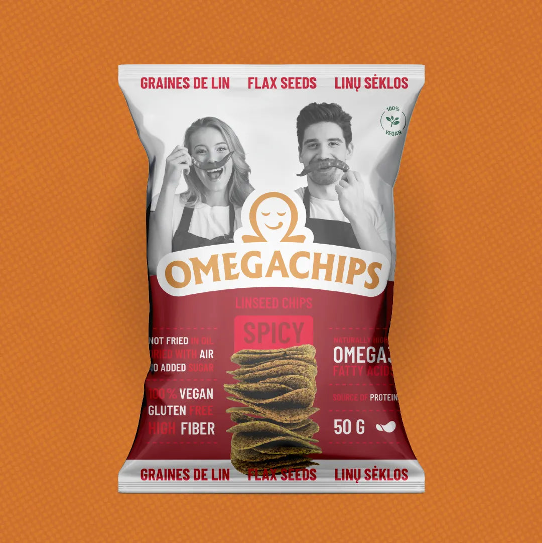 Omegchips flaxseed chips in Spicy flavour