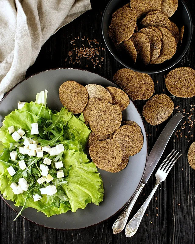 Omegachips flaxseed chips with a salad and feta